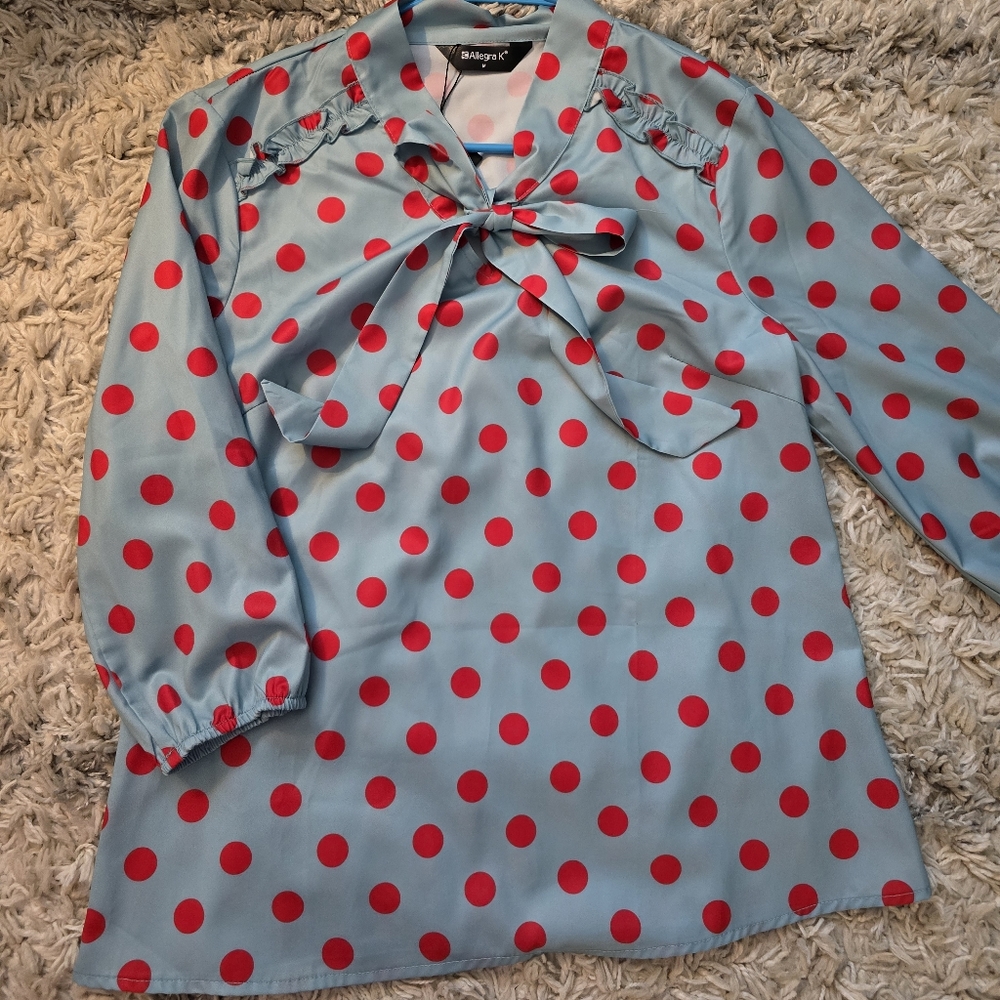 Allegra K Teal Blouse with  Pink Polka Dots